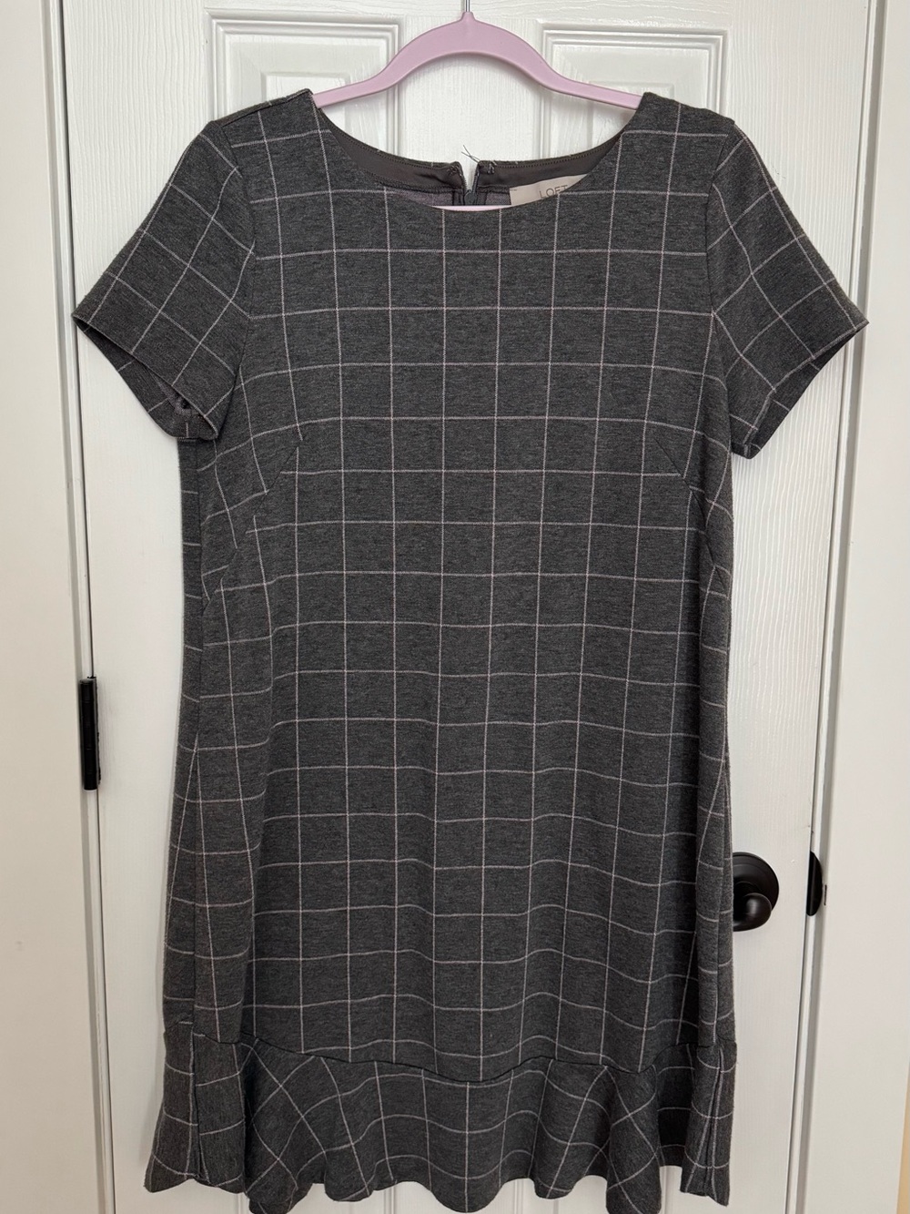 LOFT Charcoal Windowpane Ruffle-Hem Mini Dress
